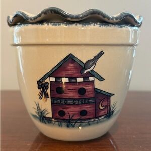 Charming Cream and Blue Ceramic Birdhouse Pot
